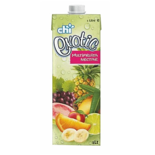 Chi Exotic Multifruita Fruit Nectar 1L - Imavug Carton of exotic fruit juice labeled 'Exotic Multifruta Nectar', showing tropical fruits like pineapple, banana, orange, and lime; 1 L.