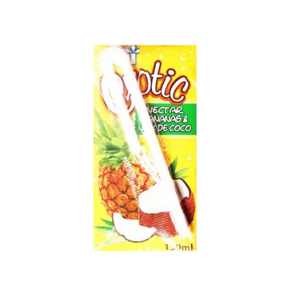 Bright yellow juice carton featuring pineapple and coconut imagery, labeled as tropical nectar drink.
