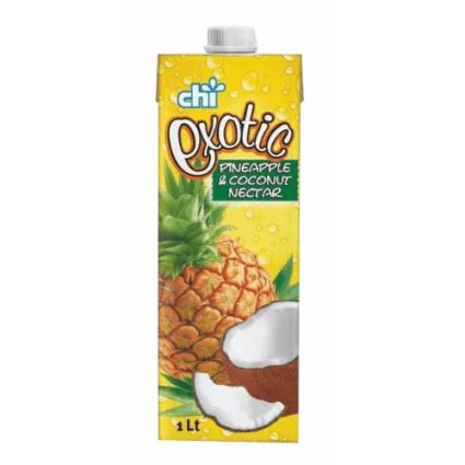 1 L carton of Chi Exotic Pineapple & Coconut Nectar, bright yellow packaging with pineapple graphic and a coconut half image.