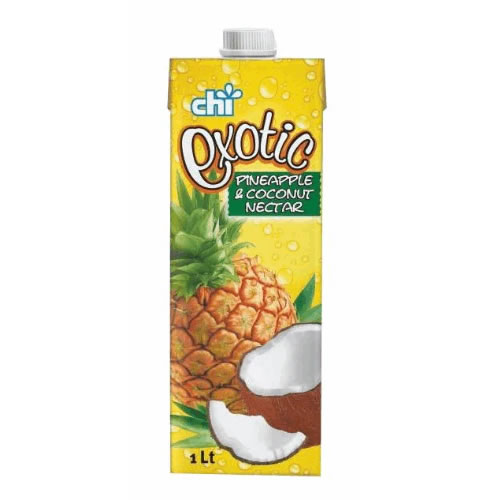 Chi Exotic Pineapple Coconut Fruit Nectar 1L - Imavug 1 L carton of Chi Exotic Pineapple & Coconut Nectar, bright yellow packaging with pineapple graphic and a coconut half image.