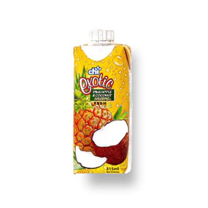 Pineapple-and-coconut juice carton labeled 'Exotic' by Chi, 315 ml, with bright yellow design and fruit graphics