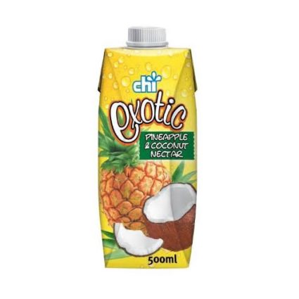 Carton of Exotic Pineapple & Coconut Nectar juice, 500ml, with pineapple and coconut imagery on a yellow background