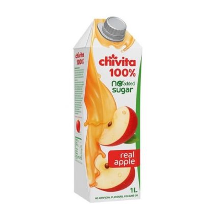 Chivita 100% real apple juice carton, 1L, white and orange packaging with an apple graphic and no added sugar.