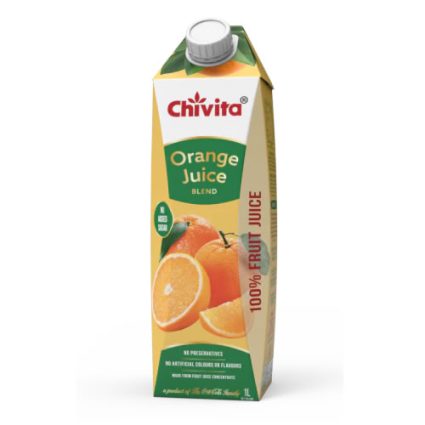 Chivita orange juice carton (1L) with orange slice imagery and 100% fruit juice label on the side cap top.