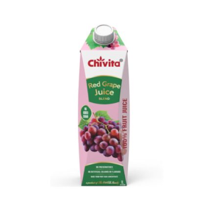 Chivita Red Grape Juice carton in pink and green packaging with a grape cluster image and a screw cap on top.