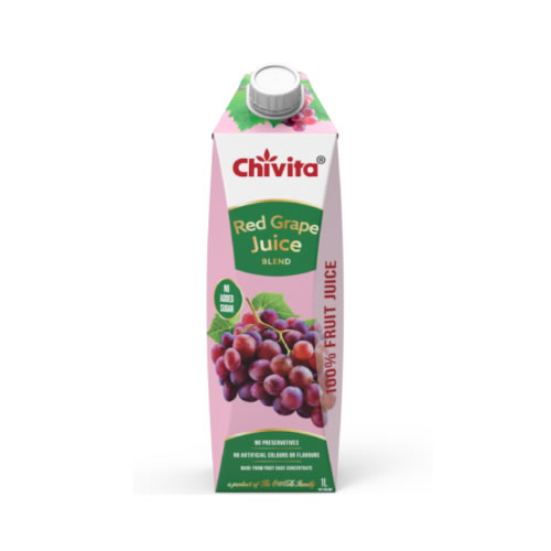 Chivita 100 Real Red Grape Juice 1L - Imavug Chivita Red Grape Juice carton in pink and green packaging with a grape cluster image and a screw cap on top.