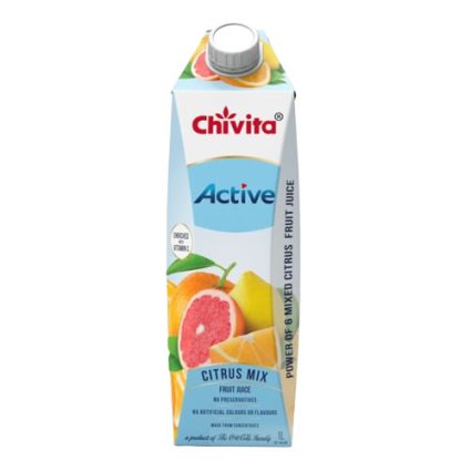 Chivita Active Citrus Mix fruit juice carton with citrus fruit images and a screw cap on a white background.