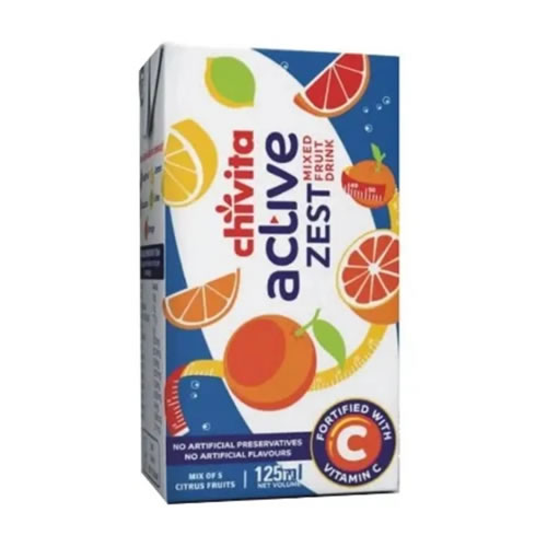 Chivita Active Zest Mixed Fruit Juice Drink 125ml - Imavug Boxed citrus juice drink (ActiLive Zest) with bright oranges, lemons, and grapefruits; labels say fortified with vitamin C and no artificial preservatives.