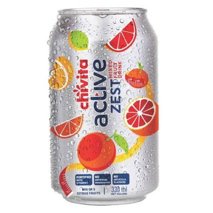 Aluminum can of a mixed-fruit drink with colorful citrus slices and berries on the label, reading 'Active Zest' and 'mixed fruit drink'—330 ml.