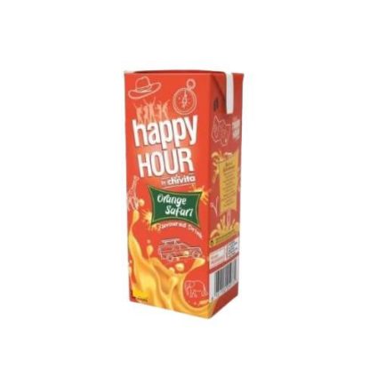 Carton of Happy Hour orange safari flavored drink with red and orange packaging, standing upright.