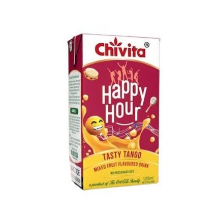 Chivita Happy Hour Tasty Tango mixed fruit drink box with cartoon fruit graphics on a purple background