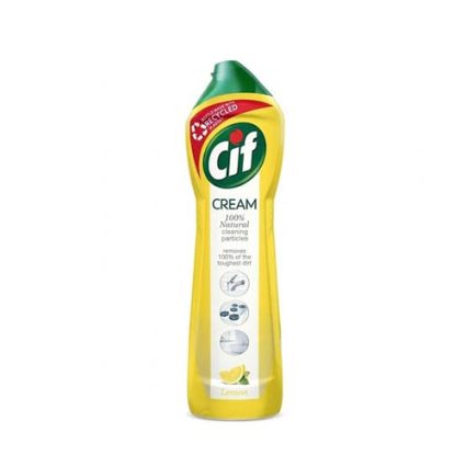 Cif Cream lemon cleaner bottle, yellow with a green cap, shown standing upright with lemon imagery on the label