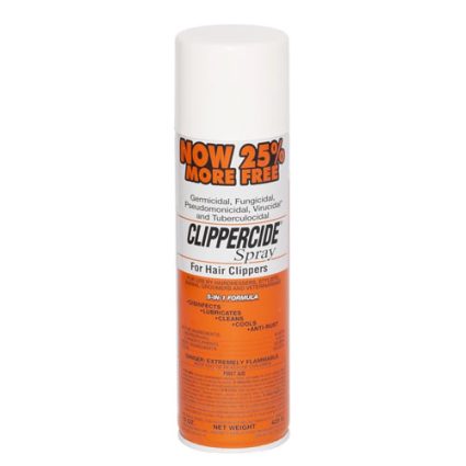 Tall white-capped spray can labeled Clippercide Spray for hair clippers with an orange lower label and 'Now 25% More Free' promotion text