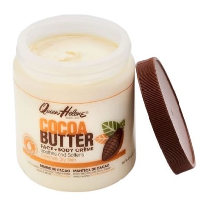 Open jar of Queen Helene Cocoa Butter Cream for face & body with the brown lid resting beside it.