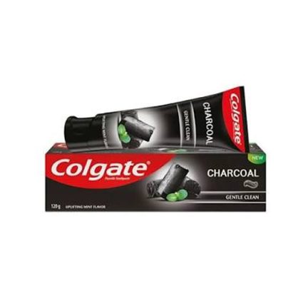 Colgate Charcoal toothpaste packaging: black tube and box with red Colgate logo and green accents, labeled Charcoal and Gentle Clean.