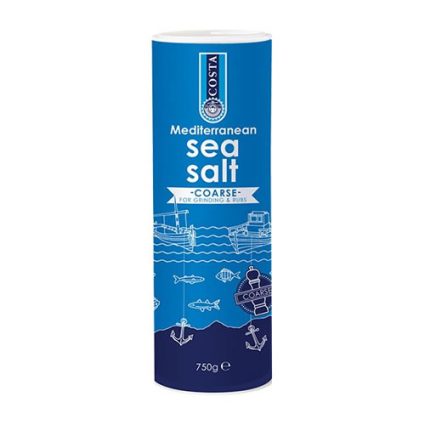 Blue cylindrical container of Costa Mediterranean coarse sea salt for grinding and rubs, with sea and boat illustration on label.