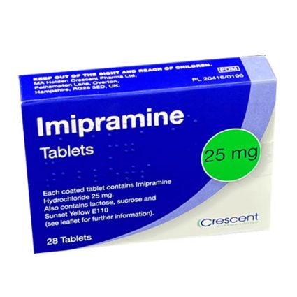 Blue Imipramine tablets box with a green 25 mg circle, indicating 28 tablets in the pack.