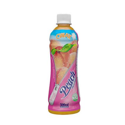 500 ml bottle of CWAY peach-flavored drink with a pink label and a peach image on the front.