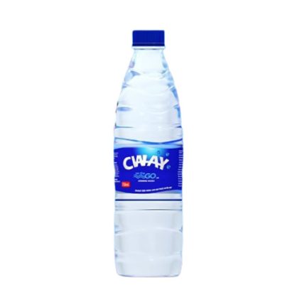 Plastic bottle of water with a blue label and blue cap against a white background.