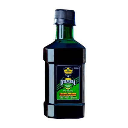 Dark glass bottle with a black cap, labeled D'General spirit drink on a green label.