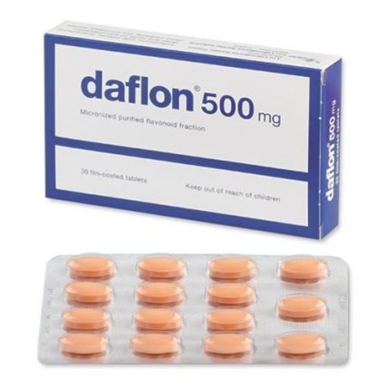 Box of Daflon 500 mg with a blister pack of 30 orange oval tablets in front.