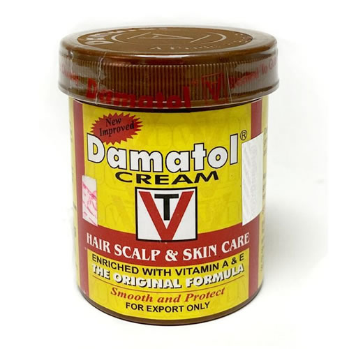 Damatol Medicated Hair Scalp and Skin Treatment 110g - Imavug Container of Damatol Cream for hair, scalp and skin care with a yellow label and brown lid.