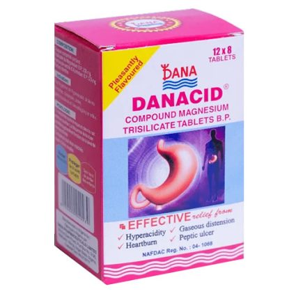 Box of Danacid compound magnesium tablets for hyperacidity and heartburn; pink packaging with stomach illustration and dosage info (12 x 8 tablets).