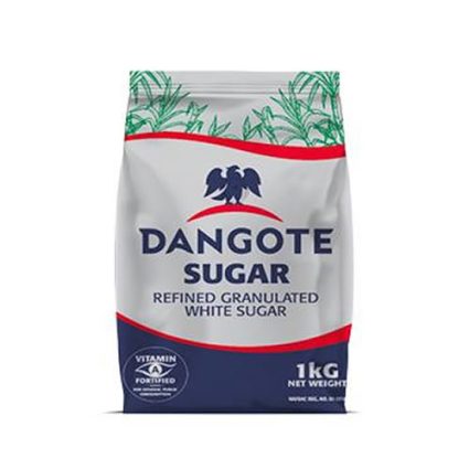 1 kg bag of Dangote Sugar, refined granulated white sugar with blue and red label and green palm design on top