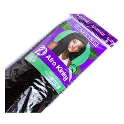 Darling Afro Kinky hair extensions in purple packaging, featuring a smiling woman and a green label with 'Afro Kinky' and color #1B/30.