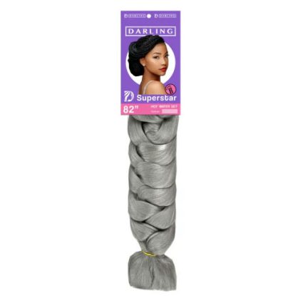 Gray hair weft bundle with purple Darling label reading 'Superscar' and '82" Hot Water Set'