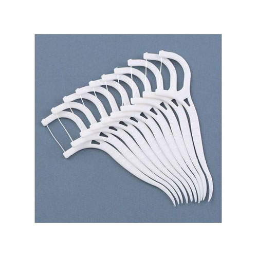 Dental Floss Picks 30 Pieces - Imavug White plastic clothes hangers fanned in a curved stack against a gray-blue background.