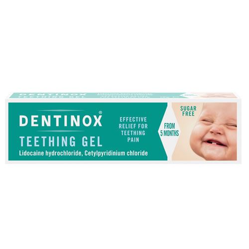 Dentinox Teething Gel 15g - Imavug Dentinox Teething Gel box with a smiling baby on the right and notes: sugar-free, suitable from 5 months.