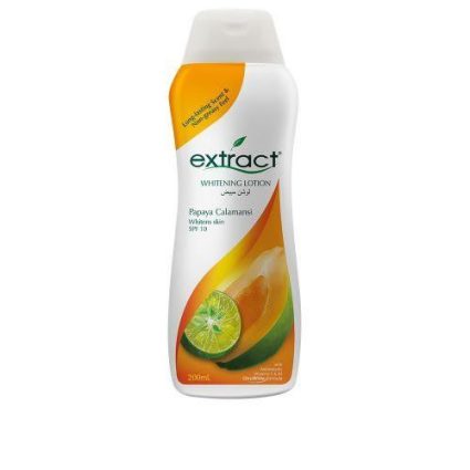 Extract Whitening Lotion bottle (Papaya Calamansi), 200 mL, for whitening skin; labeled SPF 10 with orange and lime imagery.