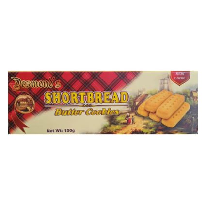 Desmond's Shortbread Butter Cookies box with red plaid design and three biscuits on the right, 150g net weight (new look).