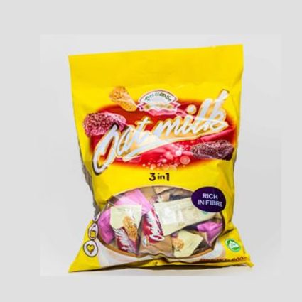 Bright yellow snack bag with '3 in 1' and 'rich in fibre', biscuits visible through a window on the package.
