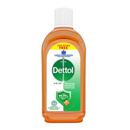Dettol antiseptic disinfectant bottle with orange liquid and green Dettol label on the front, '30% extra free' badge visible.