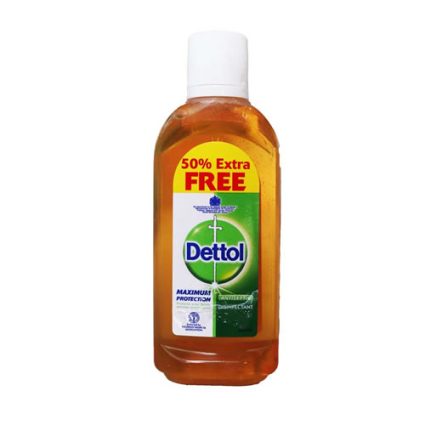 Dettol antiseptic liquid bottle with white cap and a yellow '50% Extra FREE' label.