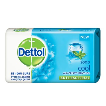 Dettol Cool antibacterial soap bar in blue packaging with green Dettol logo, mint-ice imagery, and anti-bacterial label.