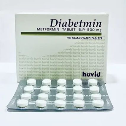 Diabetmin metformin 500 mg box with a silver blister pack of film-coated tablets in front.