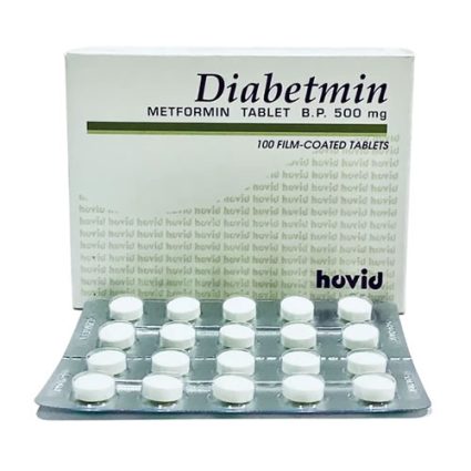 Box of Diabetmin metformin tablets (500 mg) with a blister pack of 100 film-coated tablets.