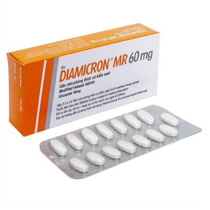 Box labeled Diamicron MR 60 mg gliclazide modified-release tablets with a blister strip of white oblong tablets.