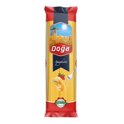 Doğa spaghetti pasta package with red, yellow, and blue label featuring a lighthouse image and wheat field.