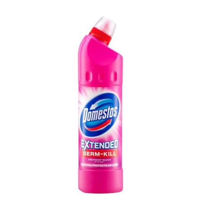 Pink Domestos Extended Germ-Kill toilet cleaner bottle with a white cap, labeled for germ protection.