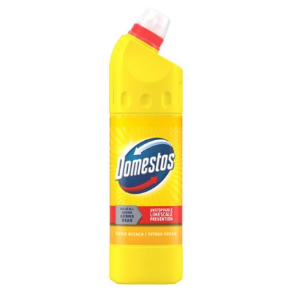 Yellow Domestos bleach bottle with a red cap and blue logo, labeled citrus fresh for household cleaning.