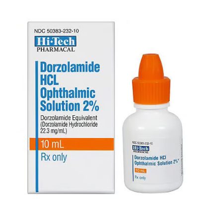 Box and bottle of Dorzolamide HCl Ophthalmic Solution 2%, 10 mL, Rx only.