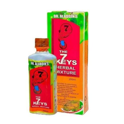 Bottled herbal tonic labeled Dr. Aladdin's The 7 Keys Herbal Mixture, alongside its green and orange carton packaging, 200 ml