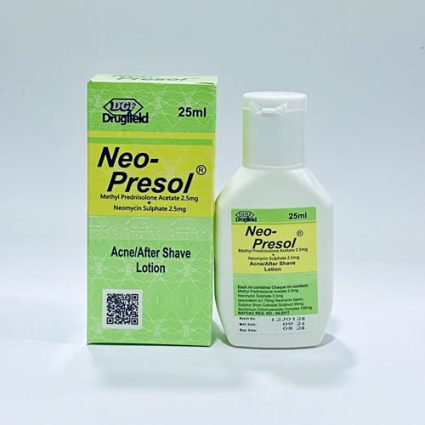 Neo-Pesol Acne/After Shave Lotion box and small bottle, green and white packaging, 25 ml each.