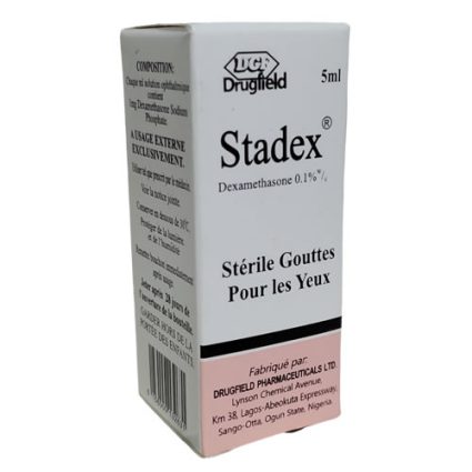 Box of Stadex dexamethasone eye drops (0.1%) for sterile eye use, 5 ml, with Drugfield branding and French labeling "Stérile Gouttes Pour les Yeux"