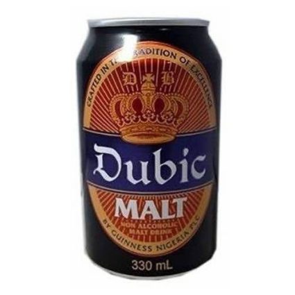 Black can of Dubic Malt beer with a gold crown emblem, blue label reading 'Dubic MALT' and '330 mL' at the bottom.