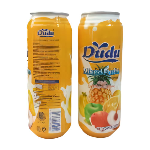 Dudu Mixed Fruit Daily Milk Drink 200ml Bottle 2 - Imavug Two orange juice cans side by side, one facing forward showing Didi branding and fruit illustrations; the other shows the nutrition panel and back label on orange packaging.